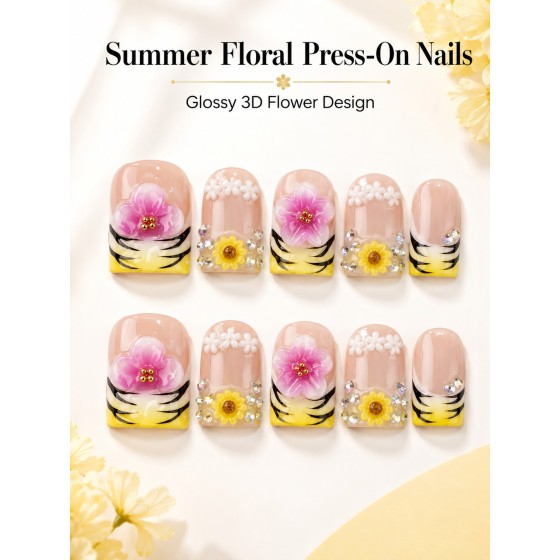 Summer Garden 3D‑Floral Press‑On Nails, Short Square Handmade False Nails with Pink Flower & Sunflower, Yellow‑Black French Tips & Rhinestones
